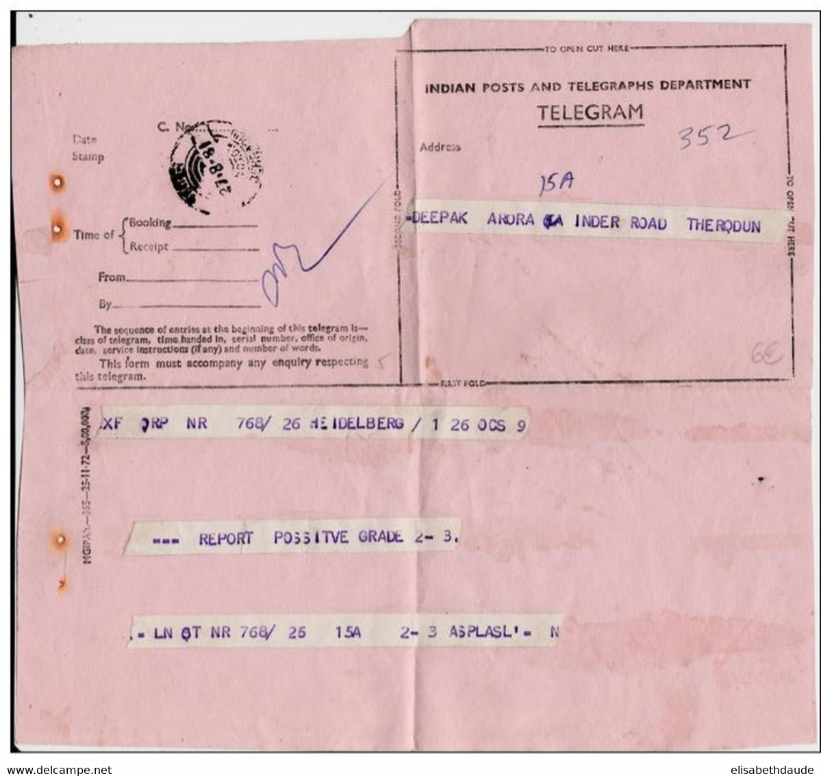 INDIA - TELEGRAMME - 1981 - FORMULAIRE  (PROVENANT De HEIDELBERG - GERMANY) - Covers & Documents