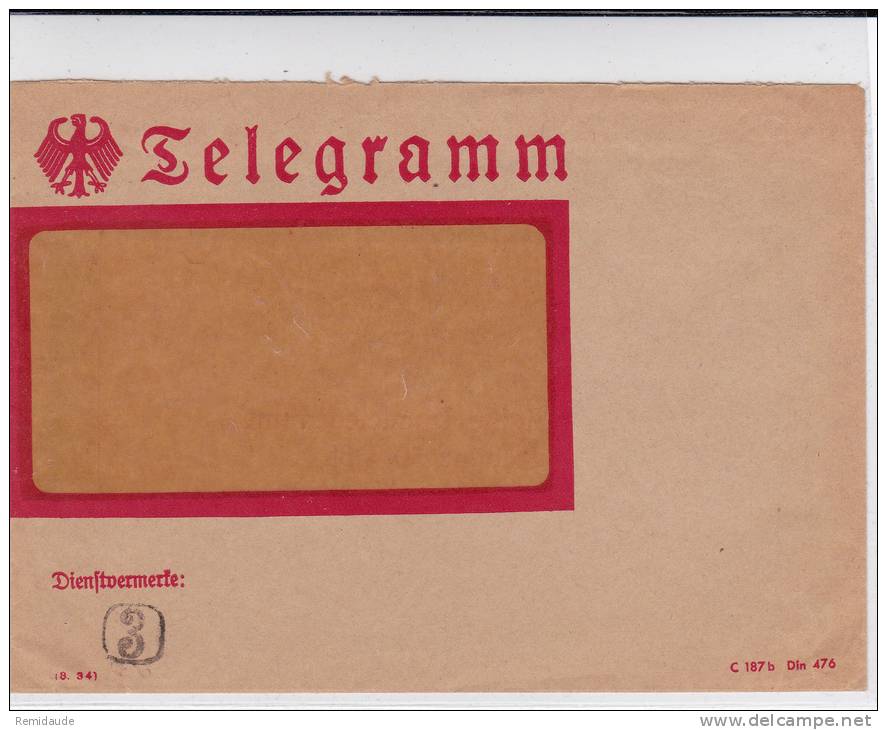 REICH - TELEGRAMME  - ENVELOPPE MODELE 1934 - Storia Postale