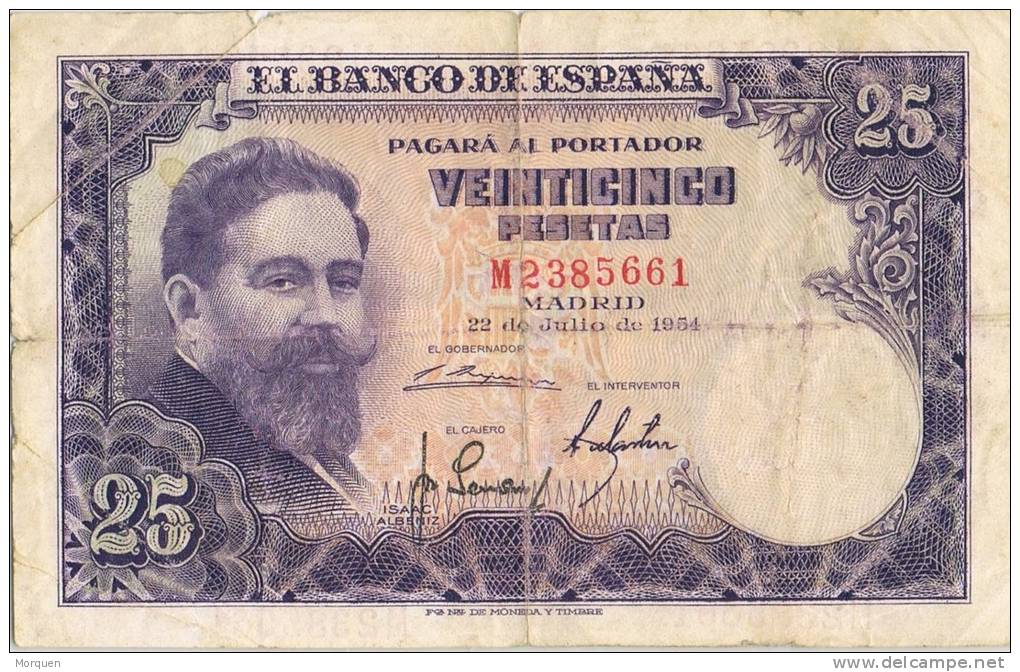 Billete  España 25 Pts  1954, Isaac Albeniz Compositor - 25 Pesetas