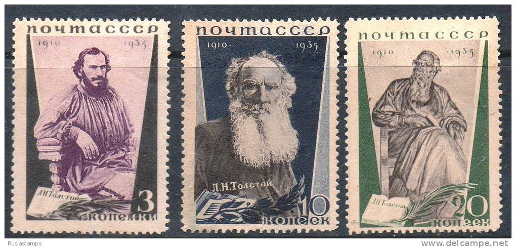 RUSSIA (USSR) -(3508)-YEAR 1935- -Mi 536/8 Sc. 577/9)--L. N. Tolstoi MH OG* - Unused Stamps
