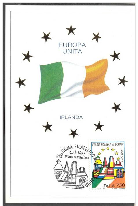 ITALIA - ITALY - MAXICARD -  MAXIMUM  -  FDC  EUROPA UNITA CEPT  IRLANDA IRELAND 1993 GIORNO DI EMISSIONE - Cartoline Maximum