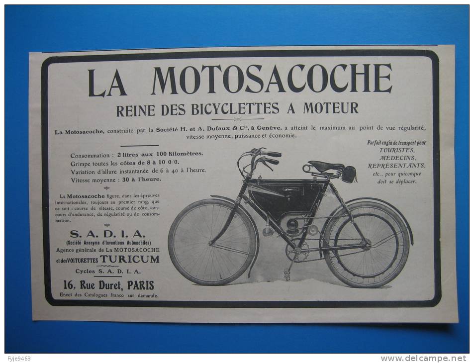 Publicité 1910 LA MOTOSACOCHE  Reine Des Bicyclettes à Moteur - Publicités