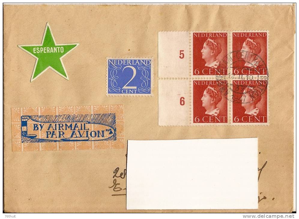 194. - Lettre Enveloppe - NEDERLAND PAYS BAS  + Poste Aérienne + Espéranto - Pour Elbeuf - Esperanto