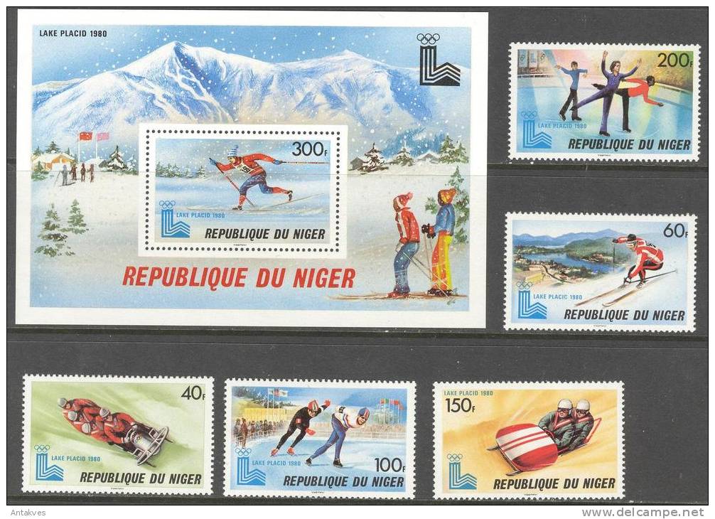 Niger Winter Olympic Games Lake Placid 1980 Hockey Set Of 5 + Block MNH - Hiver 1980: Lake Placid