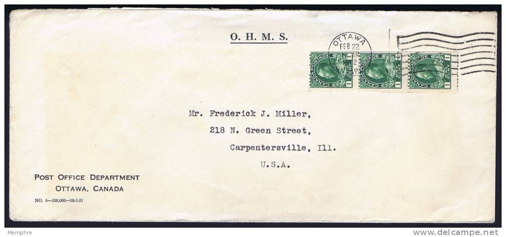 1922 OHMS Letter To The USA  Strip Of 3 1 &cent; Admiral Coil Stamps Perf 12 Sc 131 - Storia Postale