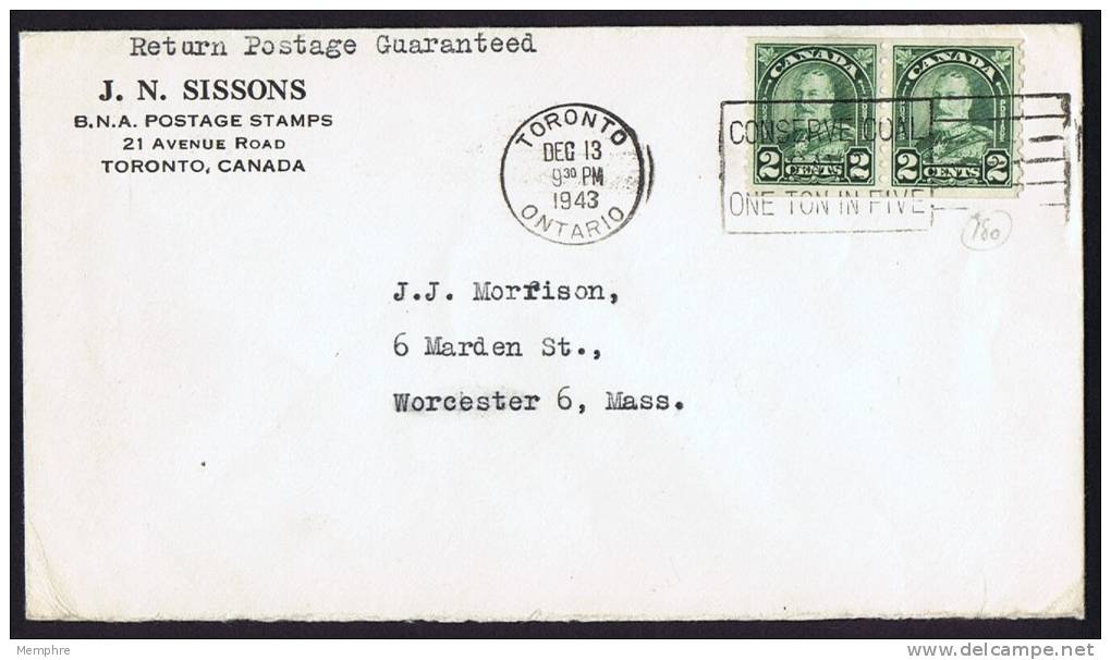 1943  Letter To USA   Pair Of  2 &cent; &laquo;Arch&raquo; Coil Stamps Sc 180 - Storia Postale