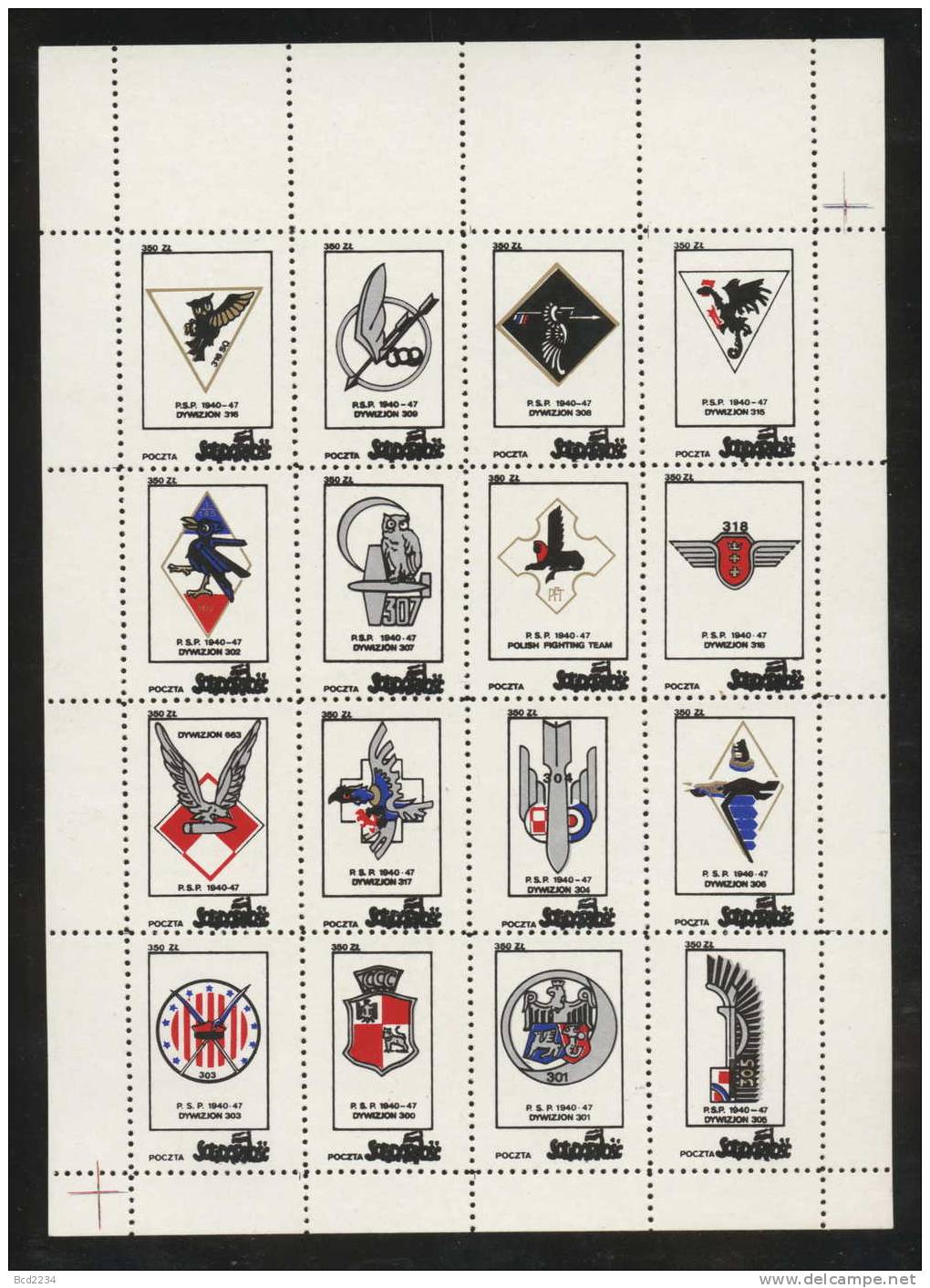 POLAND SOLIDARITY SOLIDARNOSC AIRFORCE SQUADRONS & CRESTS SHEET (SOLID0508/0173) WW2 PLANES RAF 2nd World War Owls Birds - Hojas & Múltiples