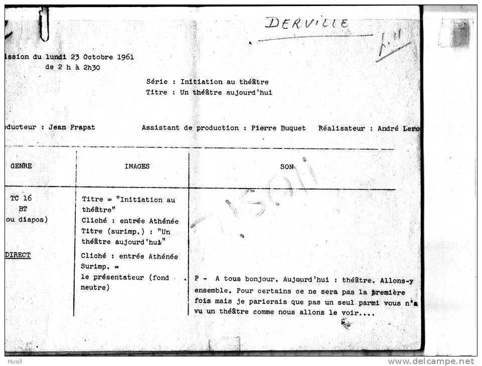 Théâtre à La Télévision. Producteur, Jean Frapat. Réalisateur, André Leroi. Emission Du 23 Octobre 1961. - Théâtre & Déguisements