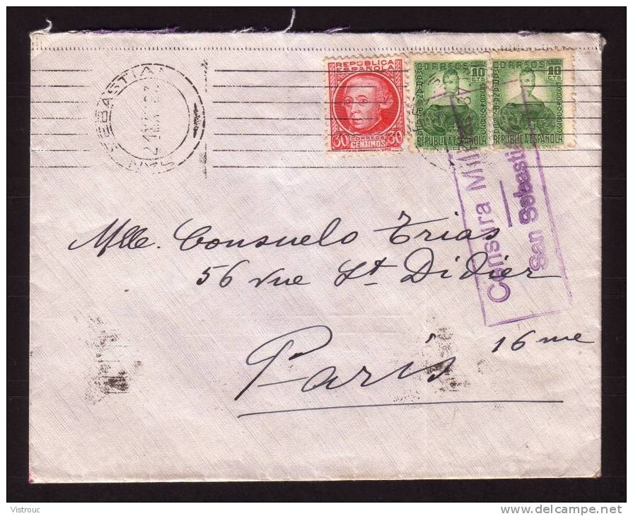 Censura Militar SAN SEBASTIAN - Lettre De San Sebastian  Vers Paris - 1937. - Marcas De Censura Nacional