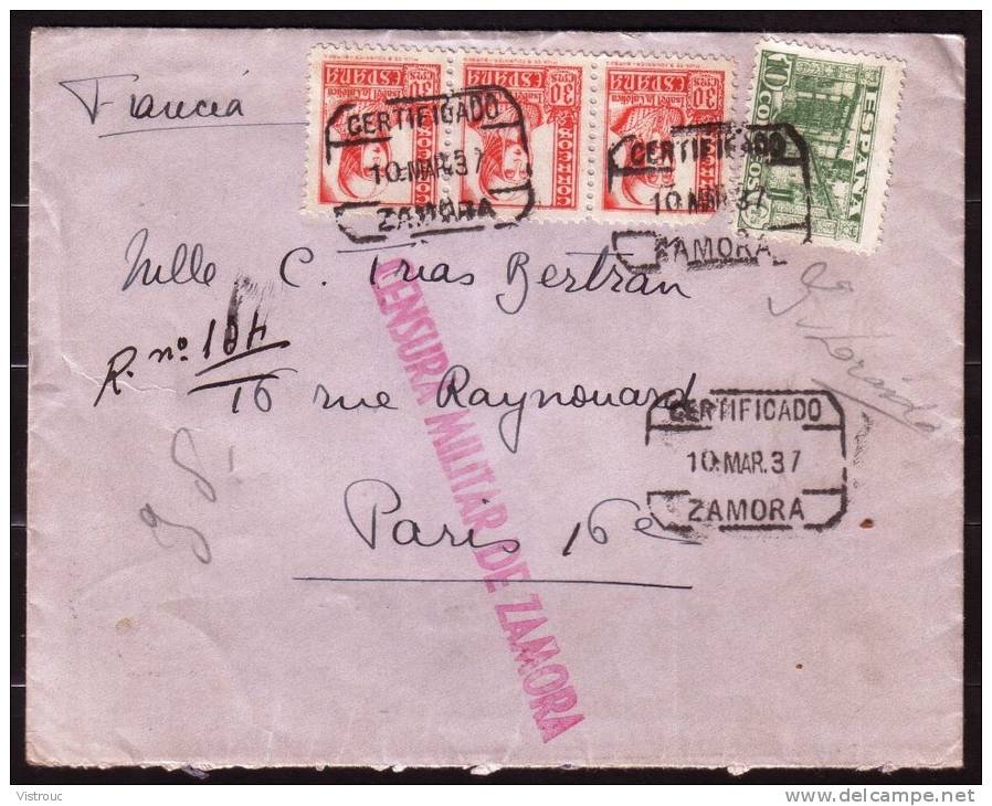 Censura Militar ZAMORA - Lettre De Zamora  Vers Paris - 1937. - Nationalists Censor Marks