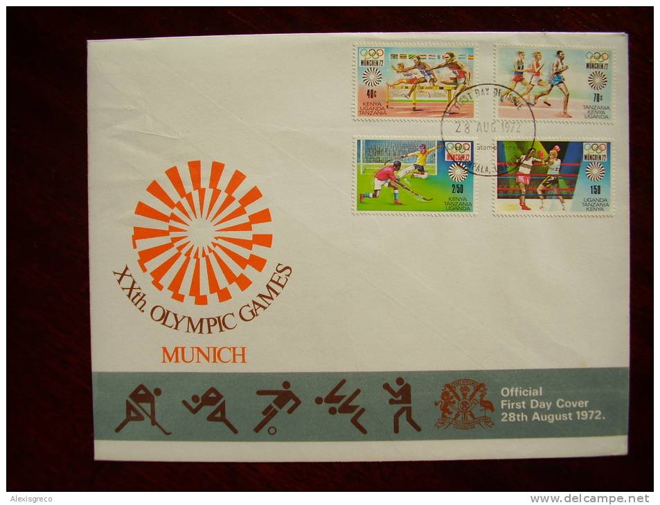 KUT 1972 MUNICH OLYMPICS Issue FULL SET FOUR STAMPS To 2/50 On FDC. - Kenya, Ouganda & Tanzanie