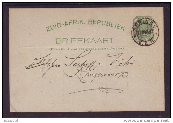 South Africa Transvaal, 1897,  1/2d Postal Card For CASSEL COLLIERY, SPRINGS 25 NOV 97 To KRUGERSDORP - Transvaal (1870-1909)