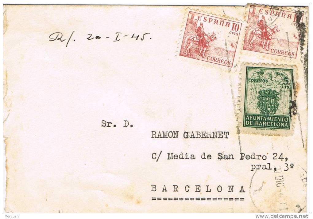 4812. Carta Barcelona 1944. Sello Recargo Ayuntamiento. Tarifa Pro Tuberculosos. RARO - Barcelone