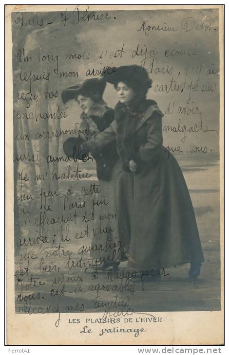 Jolie Carte Fantaisie Femmes - Les Plaisirs De L'Hiver - Le Patinage - Cpa Dos Non Divisé écrite En 1904 - Figure Skating