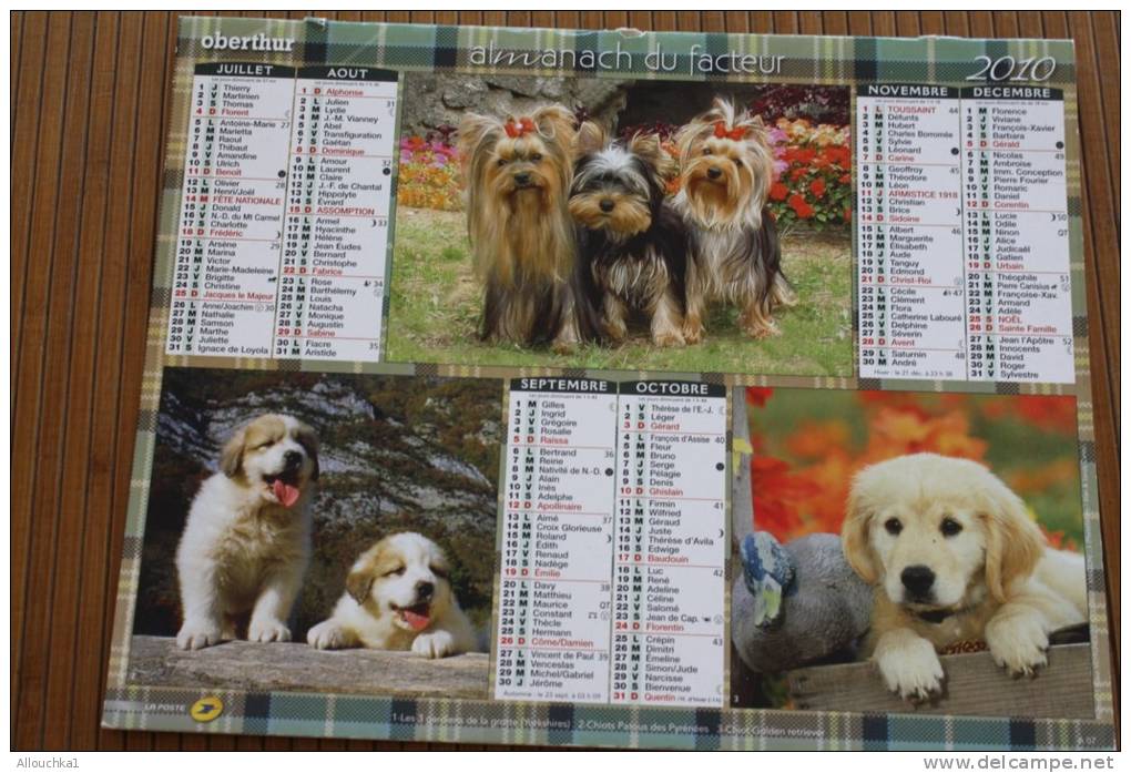 2010 CALENDRIER DOUBLE  PTT ALMANACH DU FACTEUR  OBERTHUR  CHIENS CHIOTS A PROFUSION INTERIEUR MANQUE FEUILLES - Big : 2001-...