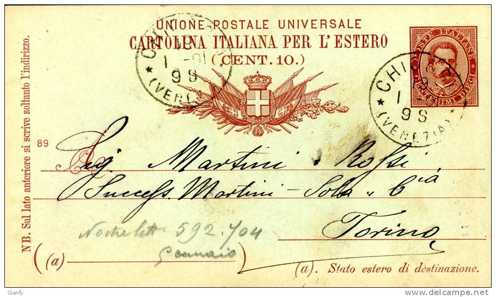 INTERO REGNO UMBERTO I 10 C. BIGOLA VG 1891 CHIOGGIA - Entero Postal