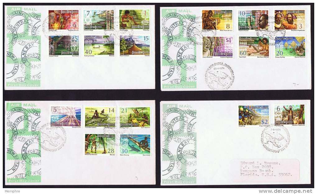 PNG 1974  Native Scenes  Definitives  Complete Set On 4 FDCs - Papua New Guinea