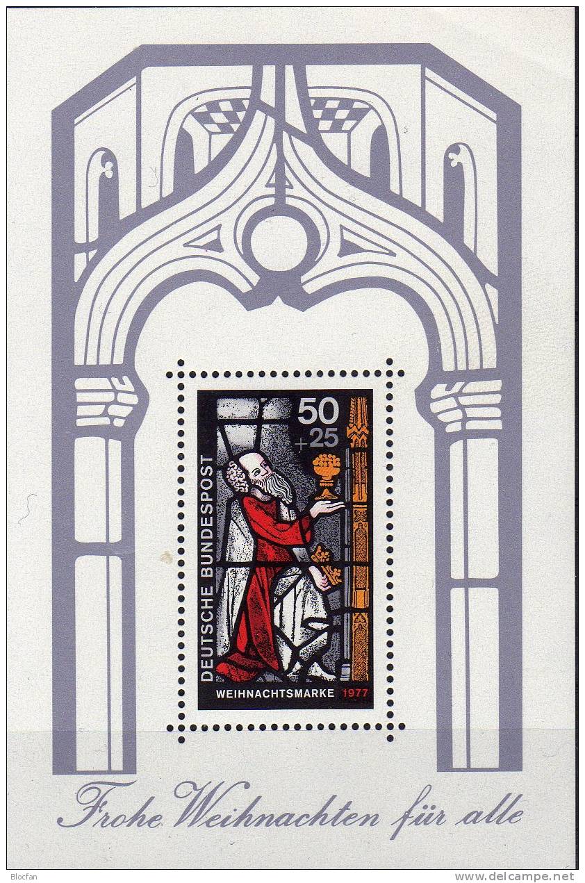 Christmas 1977 BRD 955+Block 15 ** 2€ Fenster-Bemalung Basilika St.Gereon Köln - Verres & Vitraux