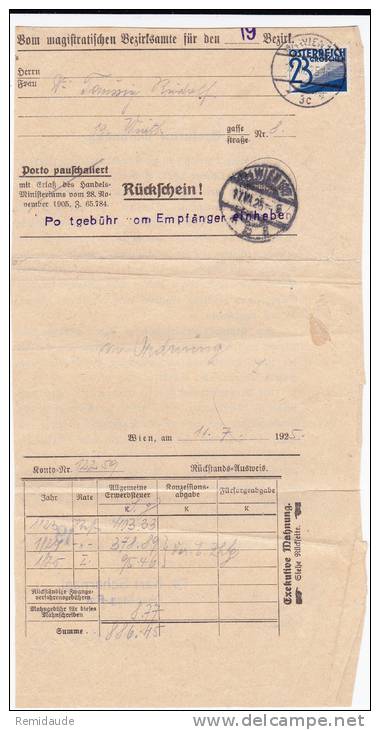 1925 - FORMULAIRE ADMINISTRATIF De WIEN Avec TAXE (NACHGEBÜHR) - Postage Due