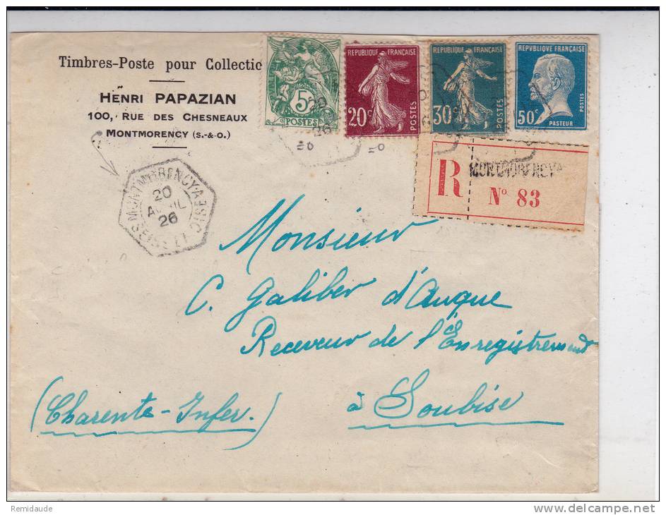 1926 - PASTEUR+SEMEUSE+BLANC+ VIGNETTE De L'EXPOSITION PHILATELIQUE De PARIS 1925 / ENVELOPPE RECOMMANDEE De MONTMORENCY - Briefmarkenmessen