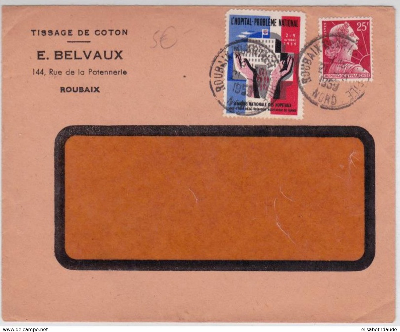 1959 - MULLER + VIGNETTE De La SEMAINE Des HOPITAUX Sur ENVELOPPE COMMERCIALE De ROUBAIX (NORD) - Cartas & Documentos