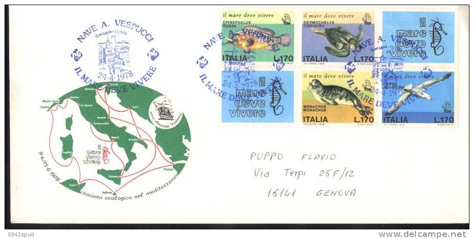 1978  Italia  Tortue Tartaruga Turtle  Foca Seal  Phoque  Nave Vespucci  Tunisi Sur Lettre - Against Starve