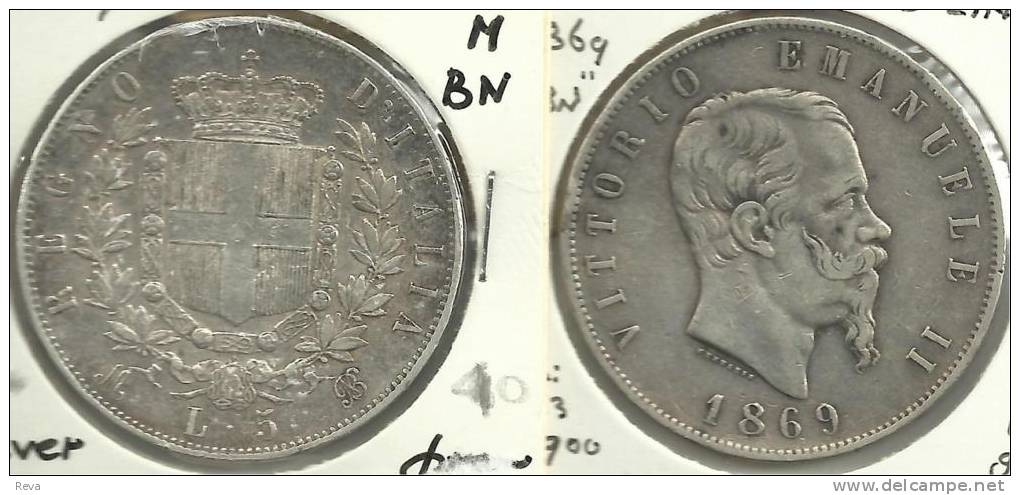 ITALY 5 LIRE SHIELD FRONT KING HEAD  BACK 1869 M BN AG SILVER F+ KM8.3 READ DESCRIPTION CAREFULLY !!! - 1861-1878 : Victor Emmanuel II