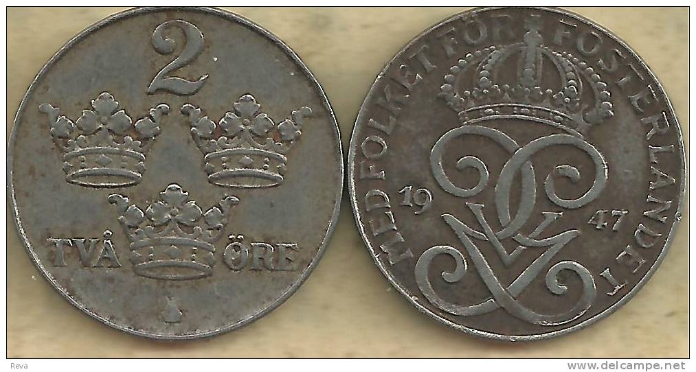 SWEDEN  2 ORE  3 CROWNS  FRONT GA  MONOGRAM  BACK 1947  KM? READ DESCRIPTION CAREFULLY !!! - Suecia