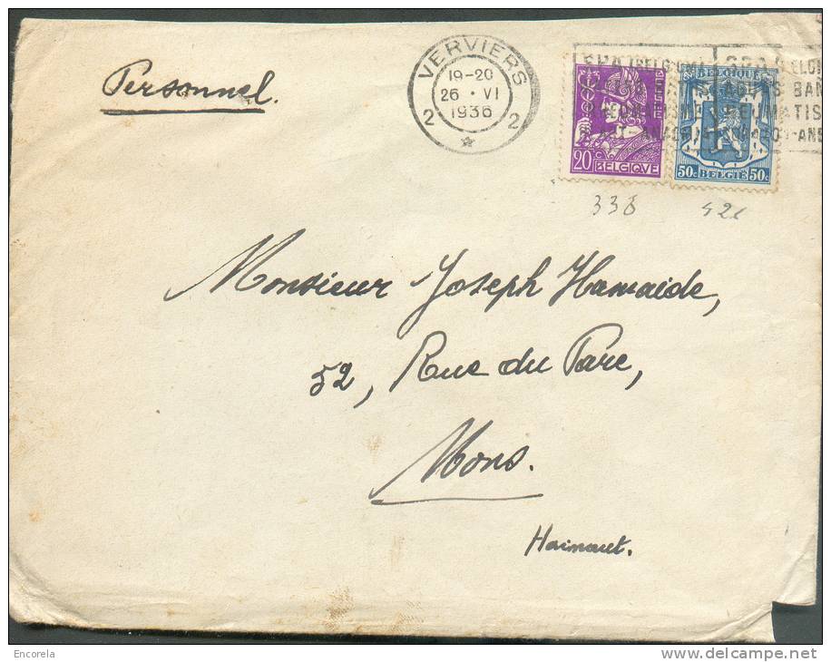 N°338-426 - 20 Centimes Mercure + 50 Centimes Lion Obl. Mécanique De VERVIERS 2 S/L. Du 26-VI-1936 Vers Mons. - 7313 - 1932 Cérès Et Mercure