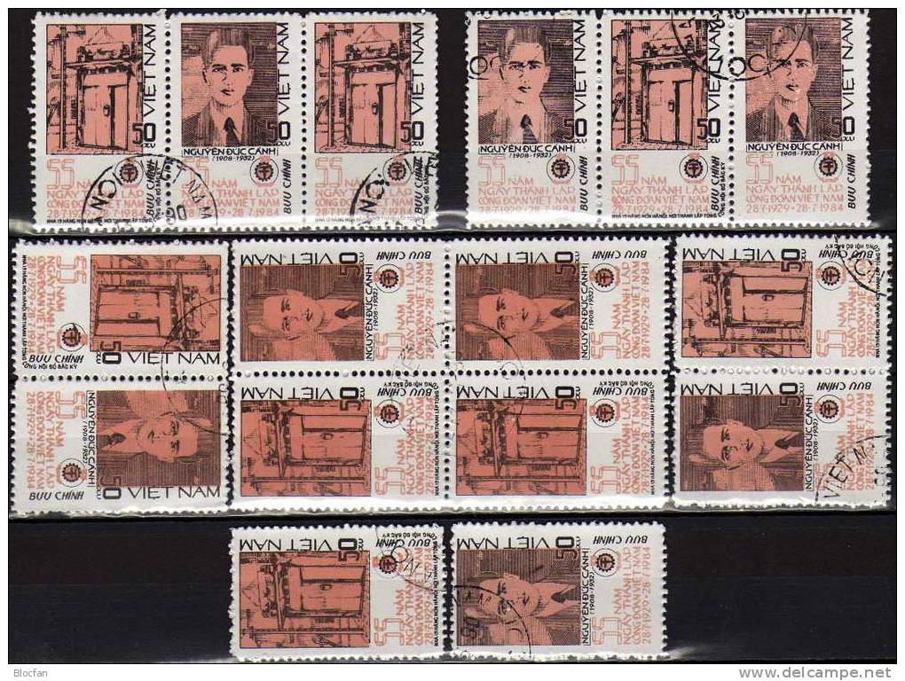 Varianten Gewerkschaften 1984 Vietnam 1460/1, 4xZD Plus 4-Block O 4€ Gewerkschafts-Haus Bloc Sheet From Viet Nam - Collections (with Albums)