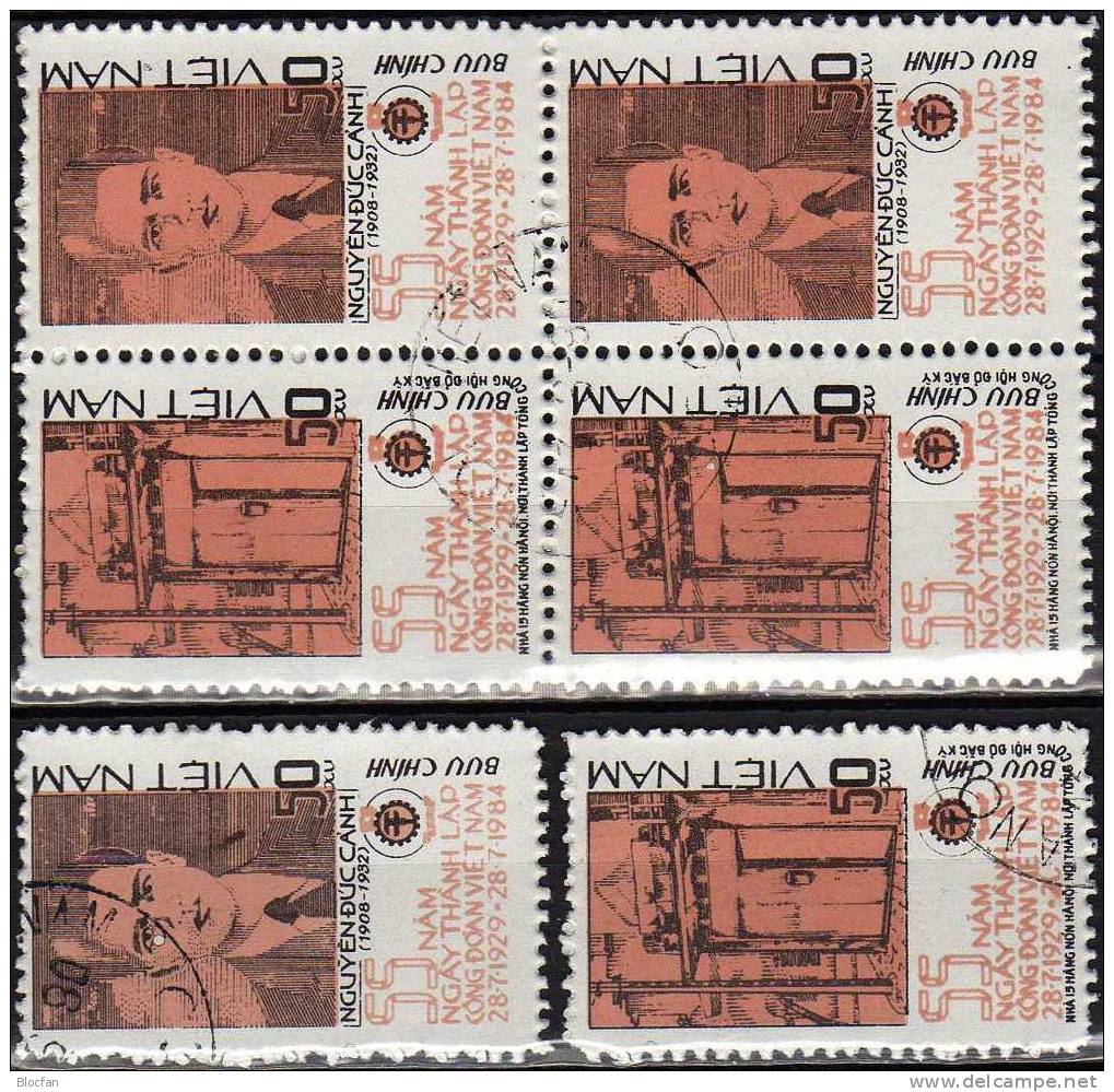 Varianten Gewerkschaften 1984 Vietnam 1460/1, 4xZD Plus 4-Block O 4€ Gewerkschafts-Haus Bloc Sheet From Viet Nam - Collezioni (in Album)
