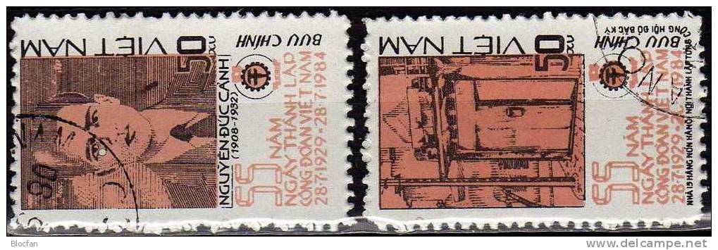 Varianten Gewerkschaften 1984 Vietnam 1460/1, 4xZD plus 4-Block o 4€ Gewerkschafts-Haus bloc sheet from Viet nam