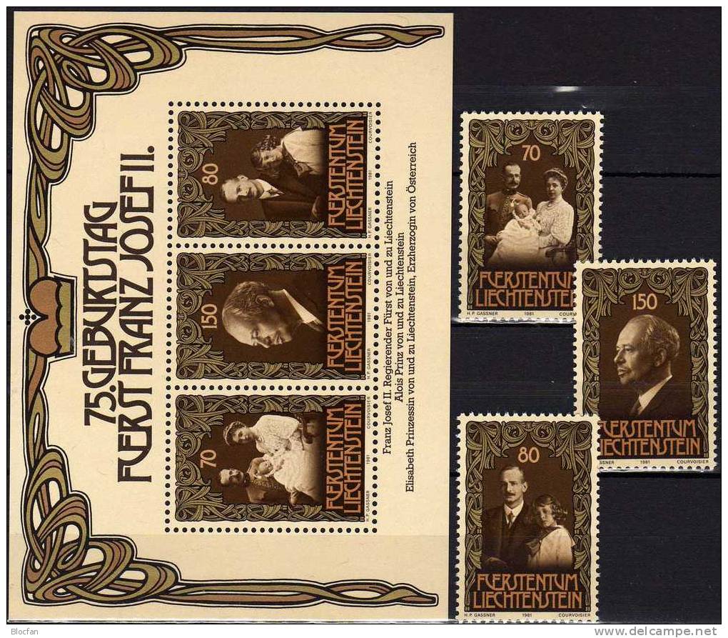 se-tenant 75.Geburtstag 1981 Franz Josef II. Liechtenstein 770/2, 3xZD,2ER+ Block 11 ** 20€ Fürsten Familie sheet Europa