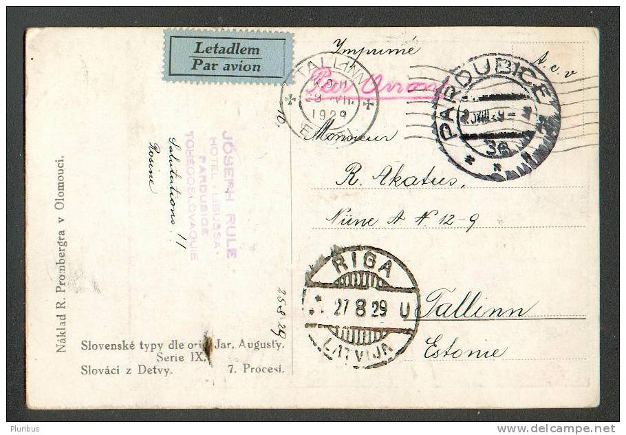 1929 AIR MAIL PARDUBICE VIA RIGA LATVIA TO ESTONIA, SLOVENSKE TYPY POSTCARD - Poste Aérienne