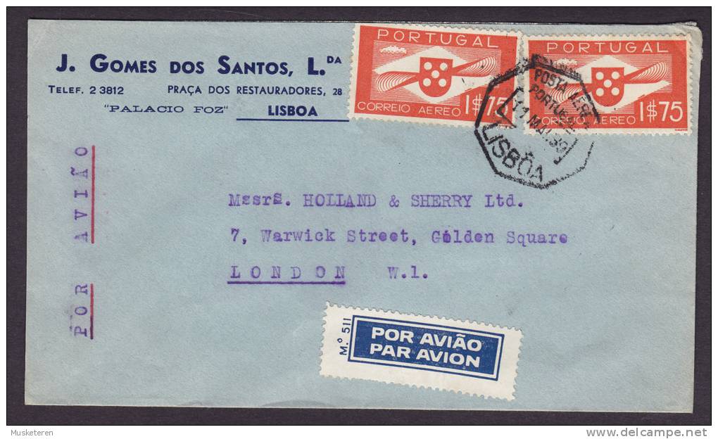 Portugal Airmail Por Aviao Par Avion Label J. GOMES Dos SANTOS L.da LISBOA 1939 Cover To LONDON England - Lettres & Documents