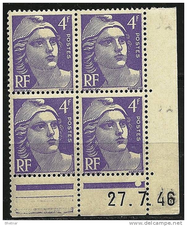 Coins Datés  YT 718 " Marianne De Gandon 4F. Violet Clair " 1945-47 Neuf - 1940-1949