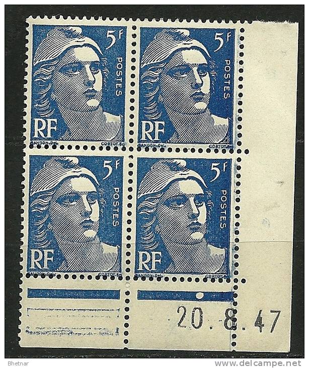 Coins Datés YT 719B " Marianne De Gandon 5F. Bleu " 1945-47 - 1940-1949