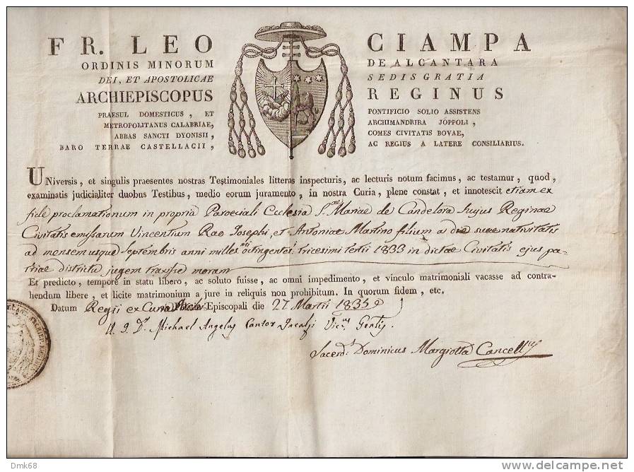 REGGIO CALABRIA - BOLLA VESCOVO CIAMPA - 1835 - Historical Documents