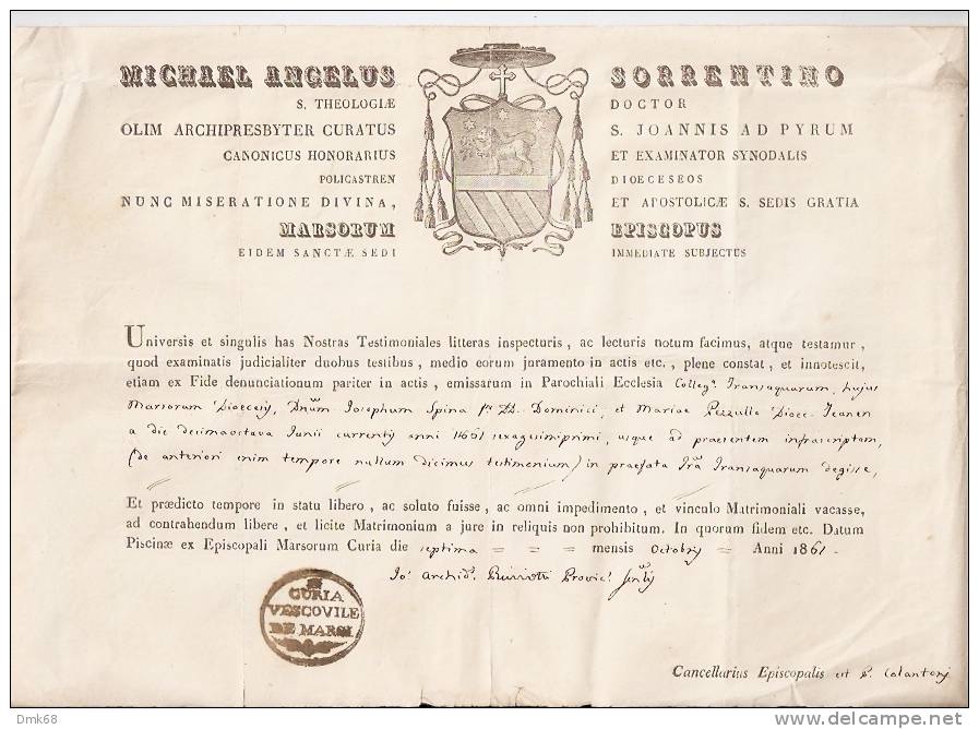 PESCINA ( L'AQUILA ) BOLLA VESCOVO SORRENTINO - 1861 - Historical Documents