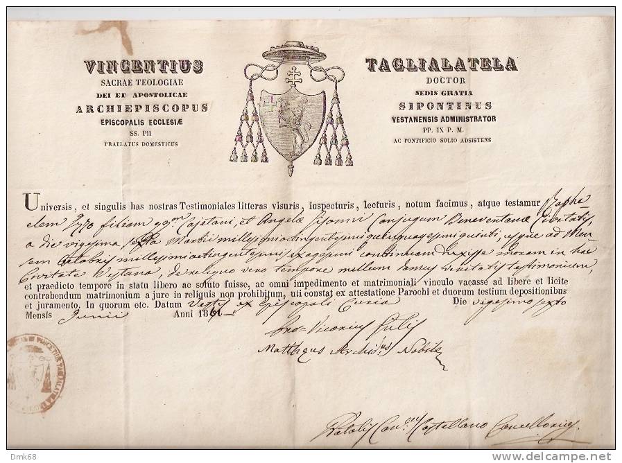 MANFREDONIA ( FOGGIA ) BOLLA VESCOVO TAGLIALATELA 1861 - Historical Documents