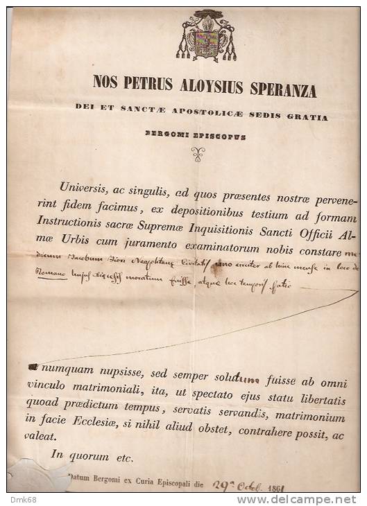 BERGAMO - BOLLA VESCOVO SPERANZA - 1861 - Historical Documents