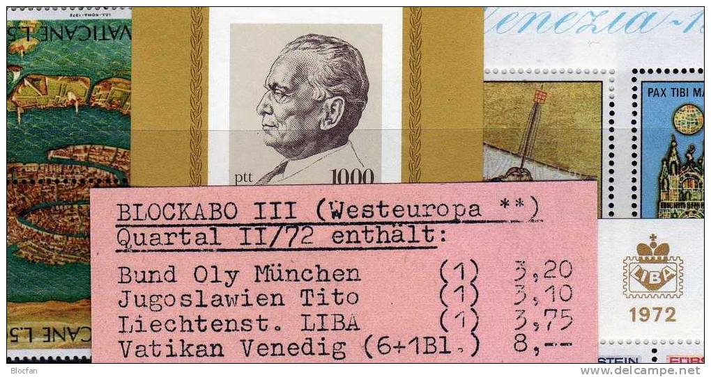 Block Abo 1972 Vatikan 599/4+ Bl.3, Liechtenstein Bl.9, Jugoslawien Bl.17, D Bl.7 ** 18€ Bloc Topics Sheet Of Europe - Collections
