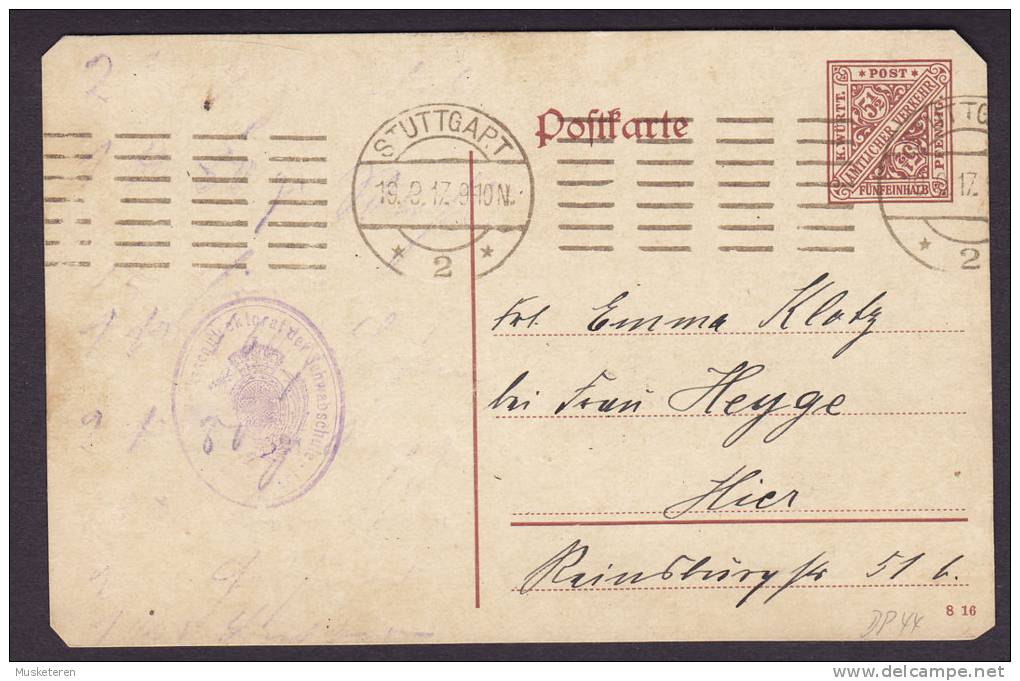Württemberg Postal Stationery Ganzsache Entier Karte STUTTGART 1917 Volksschulerektorat Der Schwabschule Cachet - Enteros Postales