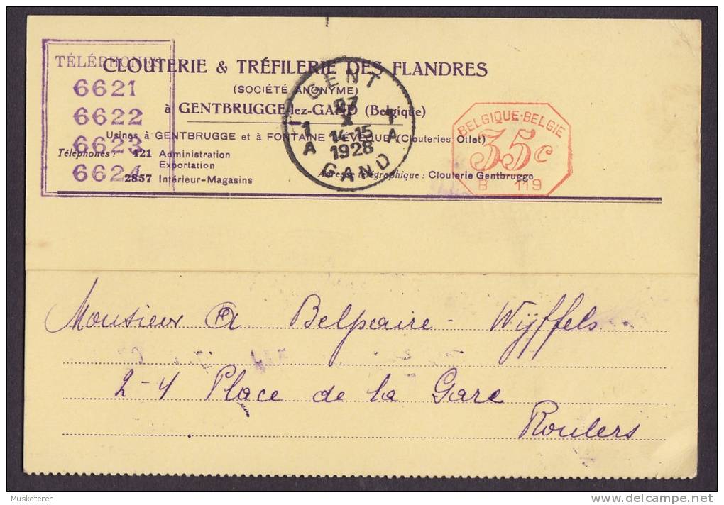 Belgium CLOUTERIE & TRÉFILERIE DES FLANDRES Meter Stamp Card GENT - GAND 1928 (2 Scans) - Briefe U. Dokumente