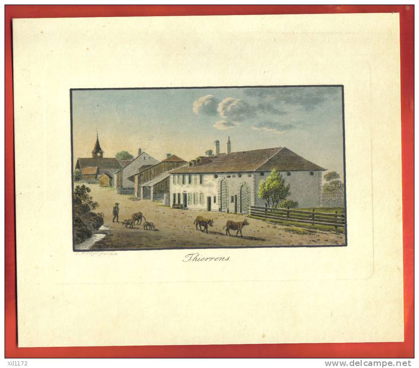 AA04 Ancienne Reproduction De Gravure Weiss 1829,Commune De Thierrens,Canton De Vaud, Suisse.Ferme,vaches - Estampes & Gravures