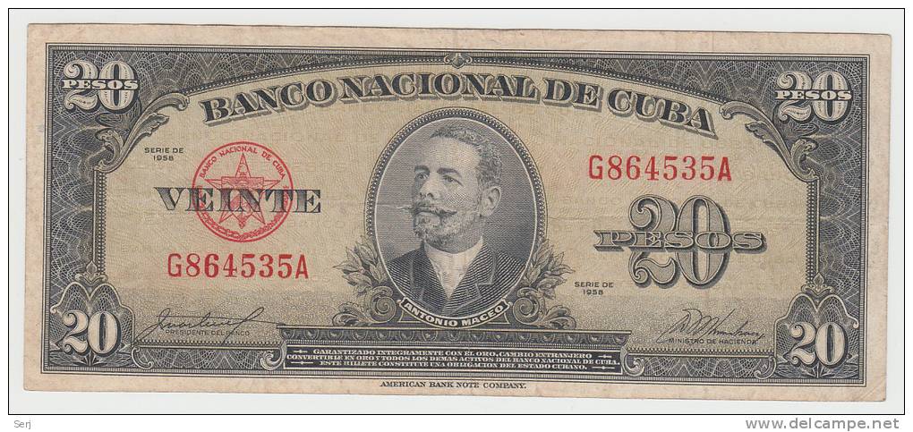 Cuba 20 Pesos 1958 VF P 80b  80 B - Cuba