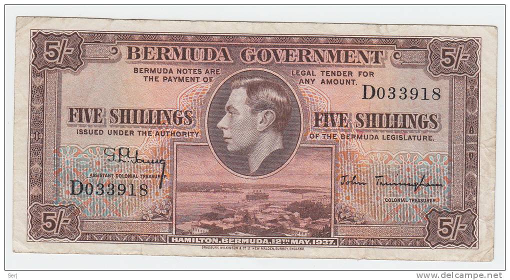 Bermuda 5 Shillings 1937 VF+ RARE Banknote P 8a  8 A - Bermude