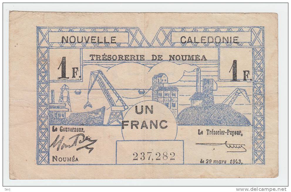 New Caledonia 1 Franc 1943 VF+ CRISP Banknote P 55a  55 A - Nouvelle-Calédonie 1873-1985