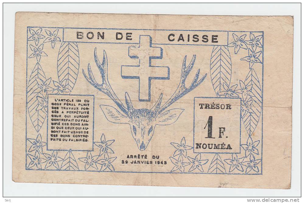 New Caledonia 1 Franc 1943 VF+ CRISP Banknote P 55a  55 A - Nouméa (Nuova Caledonia 1873-1985)