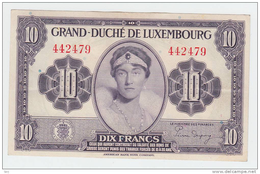 LUXEMBOURG 10 FRANCS 1944 AXF P 44 - Luxemburgo